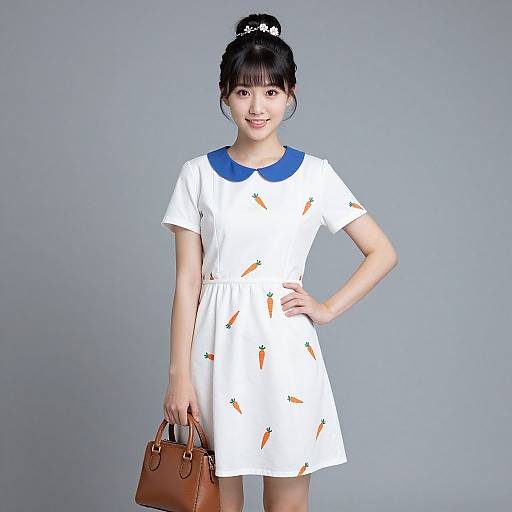 Asian woman with black hair in bun, wearing white dress with carrot pattern, blue collar, holding brown handbag, standing against gray background.