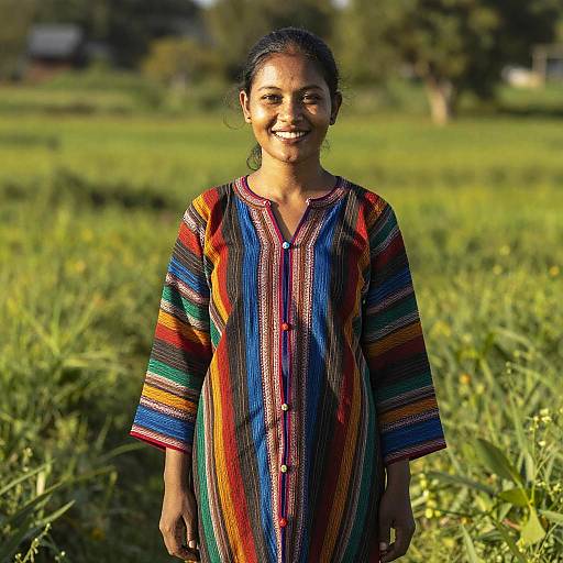 Photograph of a smiling South Asian woman with dark skin, wearing a colorful, striped traditional dress, standing in a sunlit green rice field.