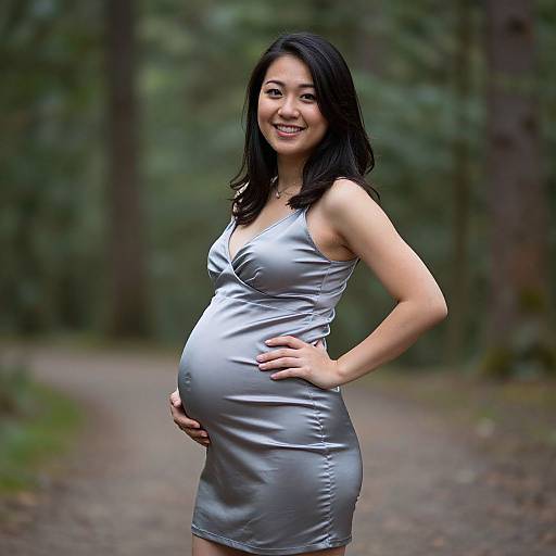 Photograph of a smiling, pregnant Asian woman with long black hair, wearing a silver satin dress, standing on a forest path.