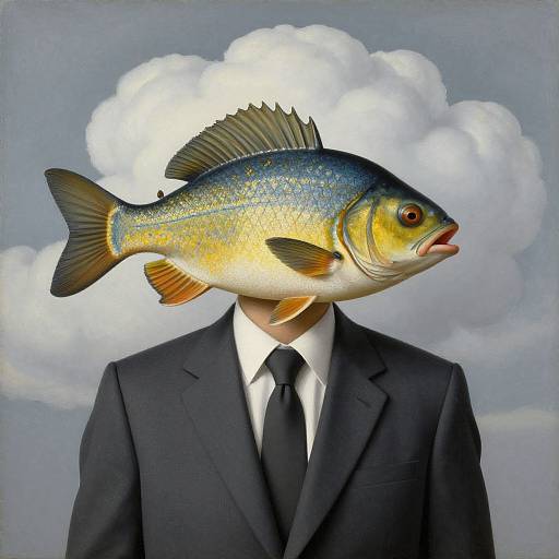 Photograph-style digital art of a human in a black suit with a large fish head, orange eyes, and cloud background.