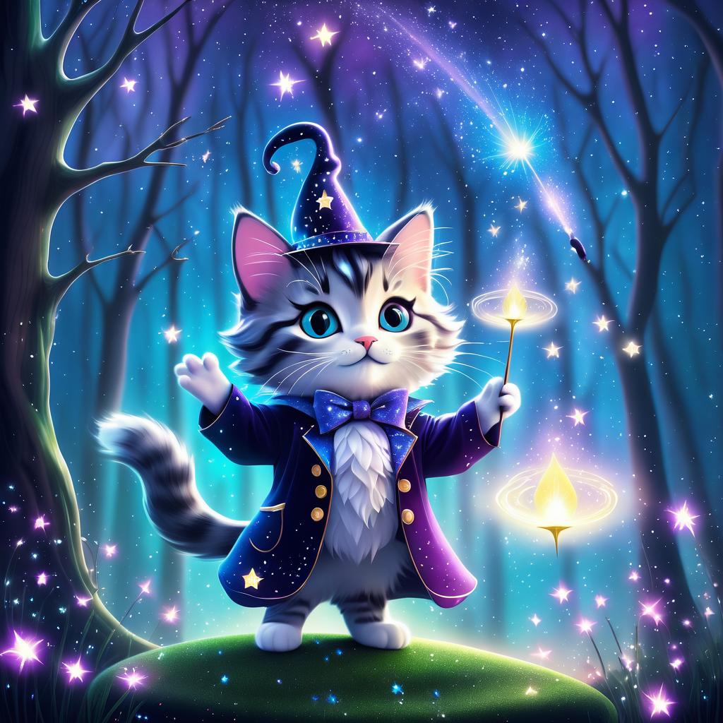 Whimsical Kitten Magician in Enchanted Forest