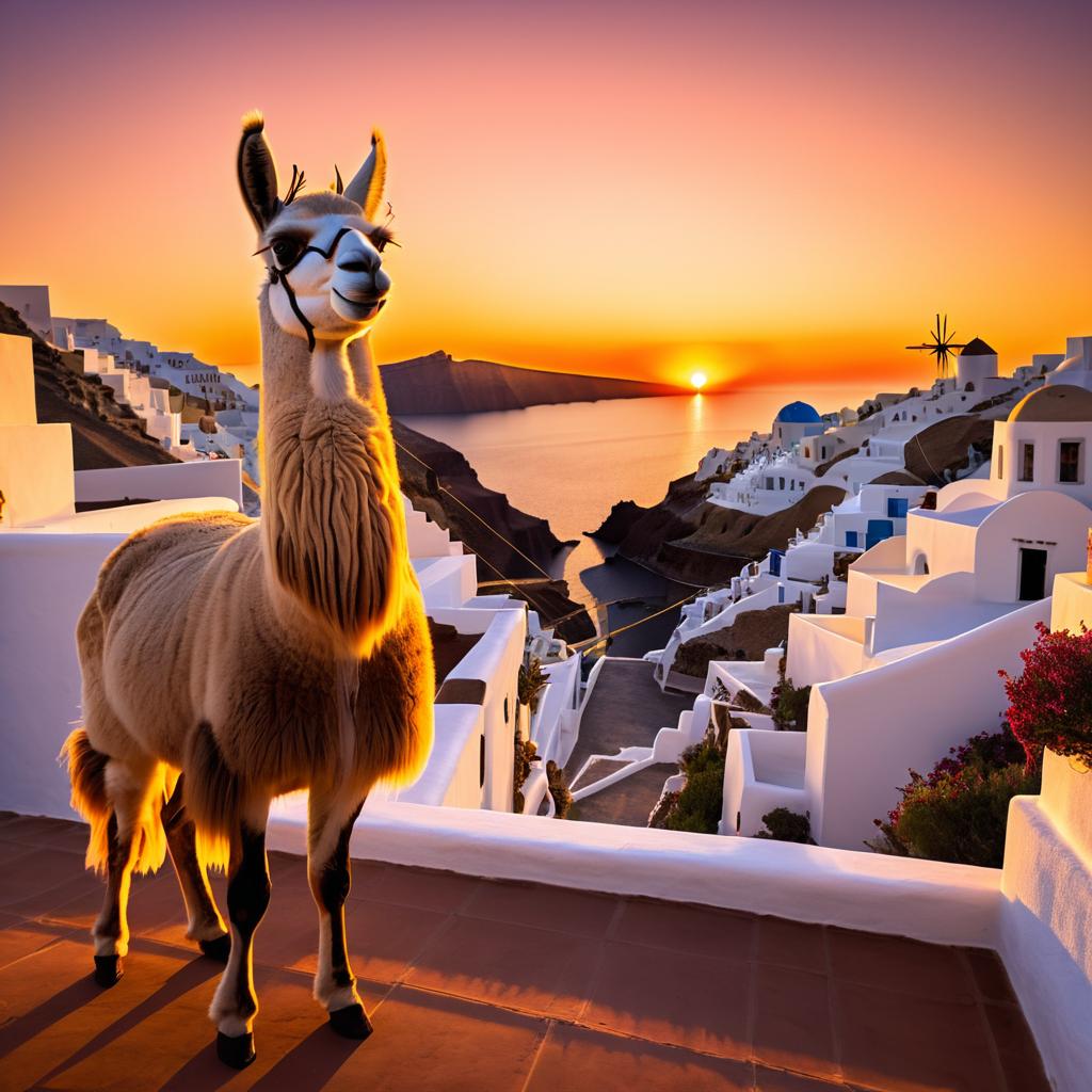 Majestic Llama Against Santorini Sunset