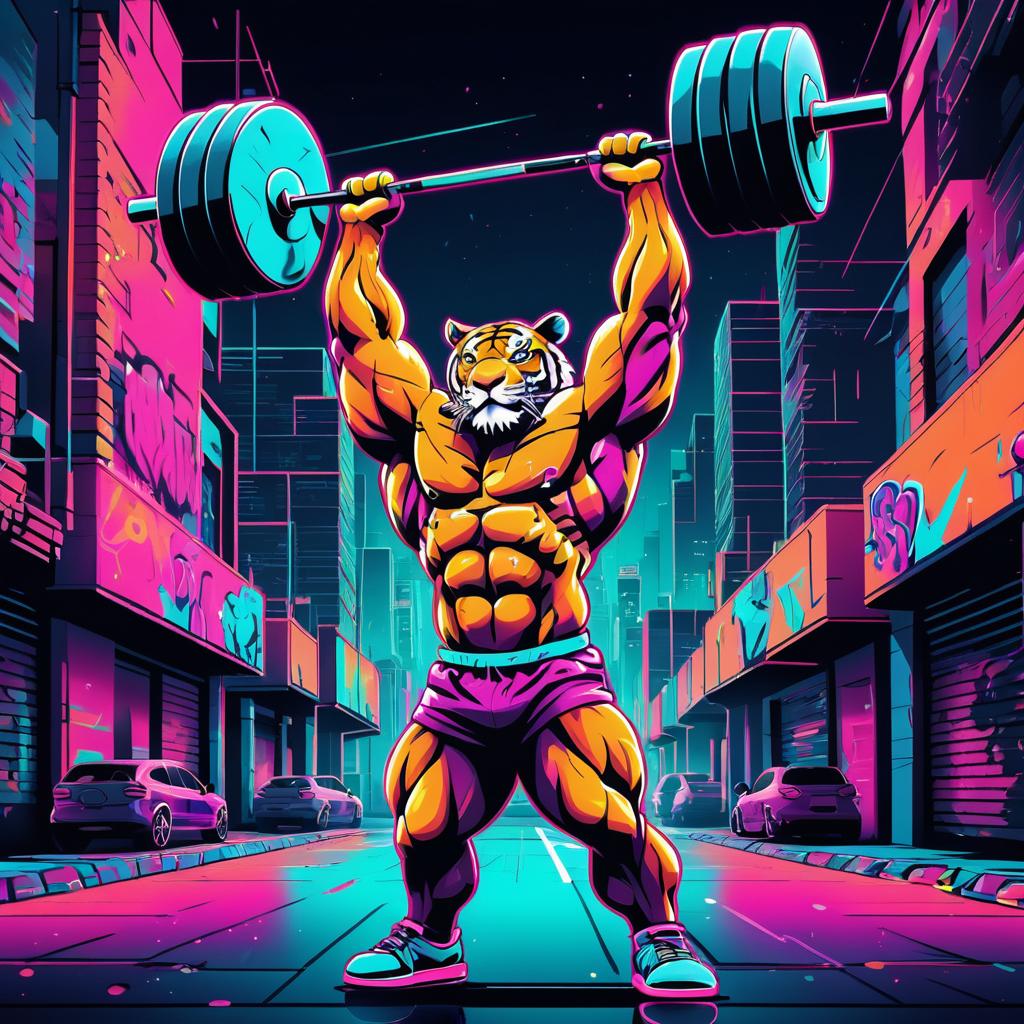 Muscular Tiger Lifting Barbell Graffiti