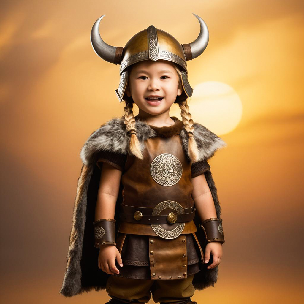 Cheerful Viking Child in Golden Sunrise