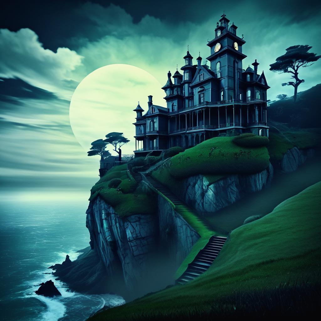 Surreal Haunted Mansion on a Cliff