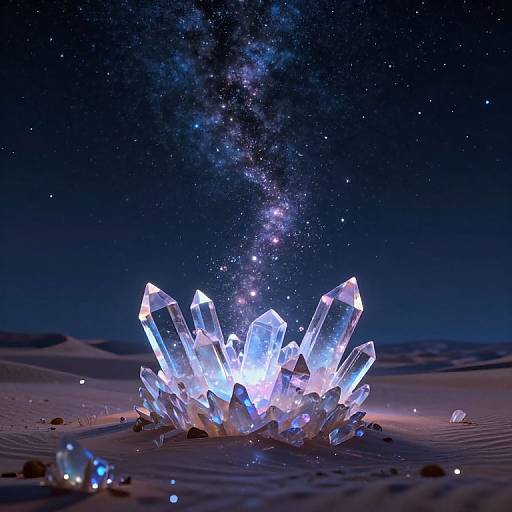 Photograph of glowing, translucent crystal cluster in a desert under a starry night sky, with the Milky Way visible overhead.