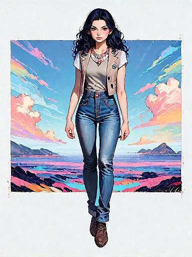 Bohemian Woman in Denim by Seaside