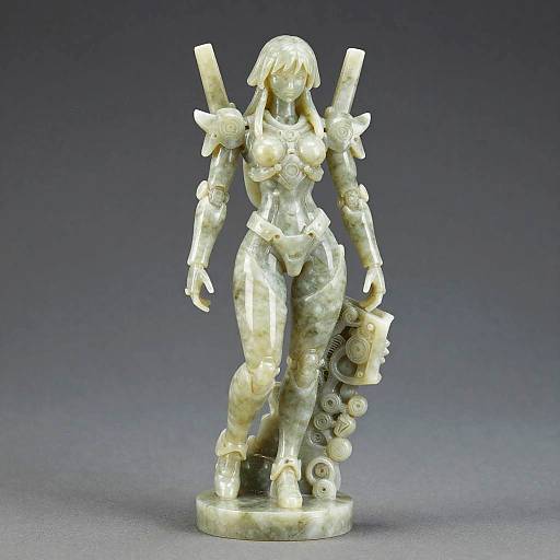 Photograph of a detailed, marble-like, sci-fi warrior statue with intricate armor, holding a large sword and mechanical accessory, standing against a gradient blue