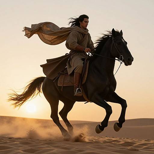 Photograph of a long-haired man in desert attire riding a galloping black horse against a golden sunset, sand flying beneath.