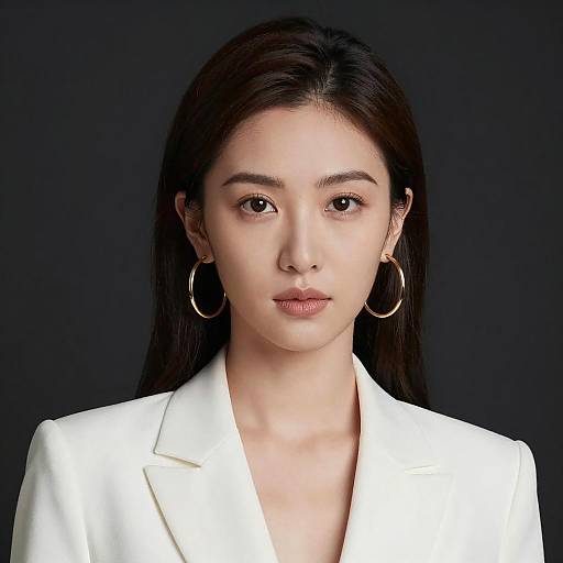 Elegant woman in white blazer with gold hoop earrings