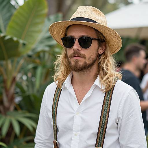 Photograph of a bearded man with long blonde hair, wearing a straw hat, black sunglasses, white shirt, and green suspenders, standing in