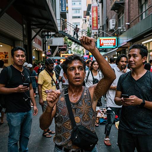 Photograph of a muscular, tan-skinned man with short black hair, wearing a patterned tank top and black bag, punching the air in a