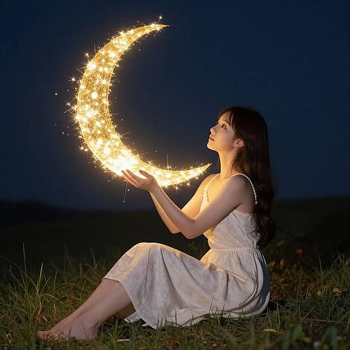 Photograph of a fair-skinned woman in a white dress, sitting on grass at night, holding a glowing, crescent-shaped fire in her hands