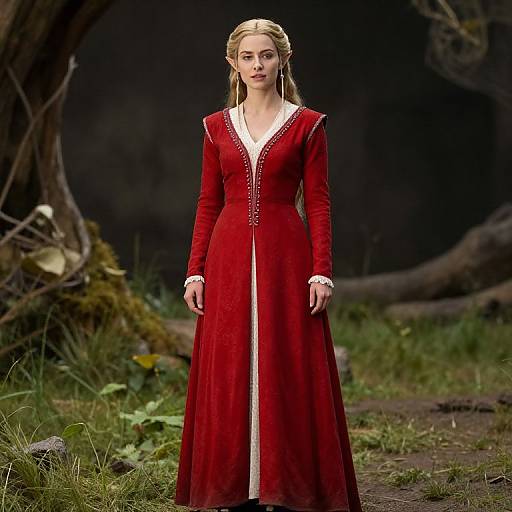 Woman in Red Elvish Dress with White Lace Trim