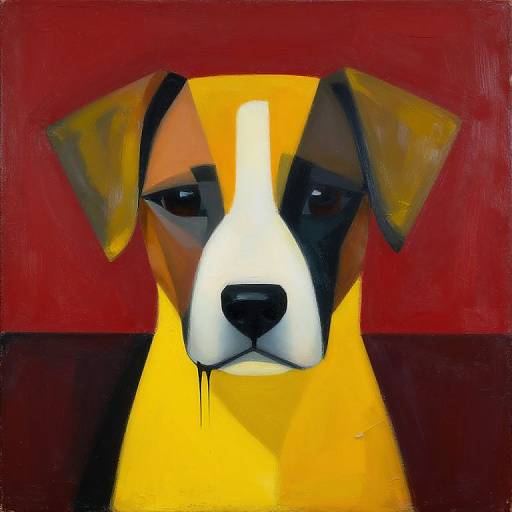 Painting of a sad-looking dog with a yellow coat, black ears, and white snout, set against a red and brown background.
