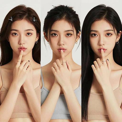 Photograph of an Asian woman with black hair, fair skin, and thin physique, wearing a pink and blue crop top, in three poses, each