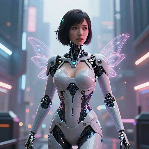 Futuristic Female Cyborg in Cyberpunk City