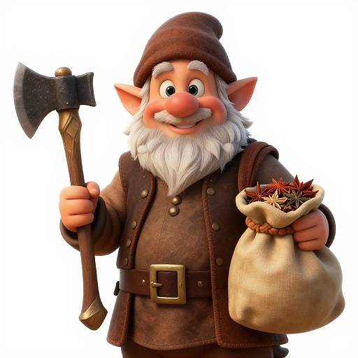 CGI cartoon elf with red nose, white beard, brown hat, and coat, holding axe and sack of spices, smiling. White background.