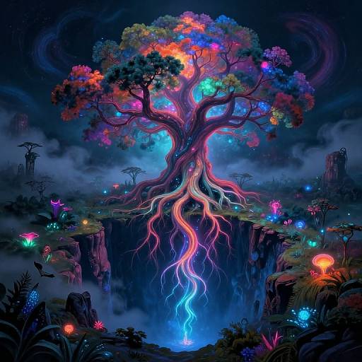 Vibrant digital art of a glowing, multicolored tree with neon roots descending into a mystical, bioluminescent forest with glowing mushrooms and