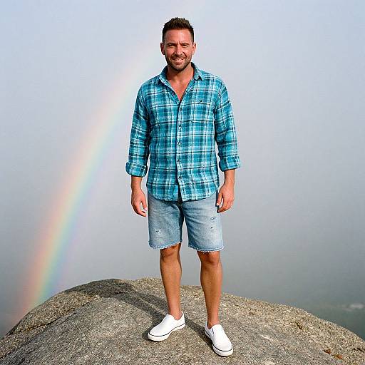 Photograph of a smiling, bearded man in a blue plaid shirt, denim shorts, and white sneakers standing on a rock with a faint rainbow