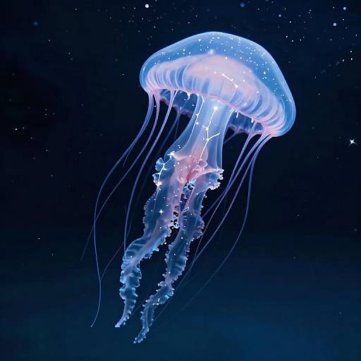 Glowing blue jellyfish with translucent dome and trailing tentacles floats in a dark, star-speckled ocean. Digital art.