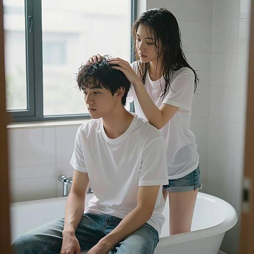 Young Couple in Bathroom with Wet Hair