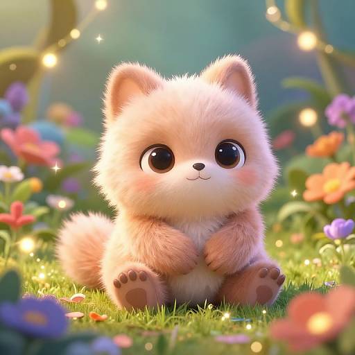 Cute digital illustration of a fluffy, pink, puppy-like creature with large, shiny black eyes, sitting in a sunlit garden with colorful flowers and