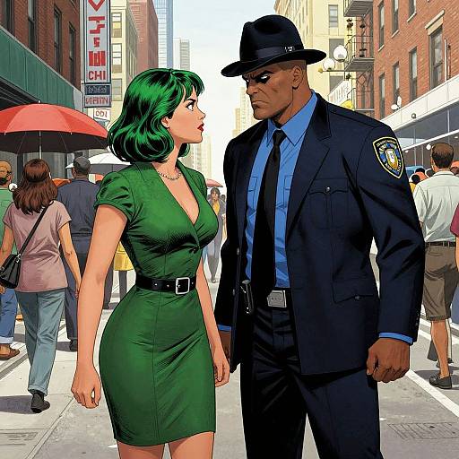 Comic-style drawing of a green-haired woman in a tight green dress and a tall, muscular man in a black police uniform, standing on a busy city