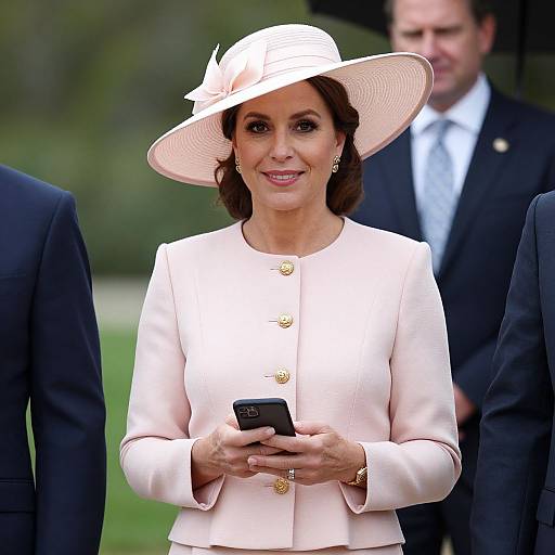 Photograph of a smiling woman in a pale pink jacket and wide-brimmed white hat, holding a phone, with men in suits in the blurred