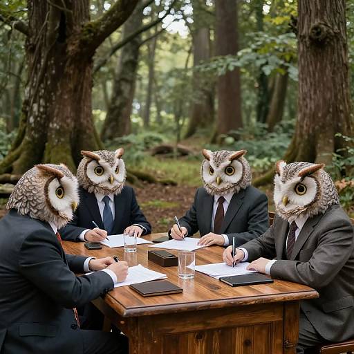 Photograph of three owls in business suits, seated around a wooden table in a forest, writing on papers with pens.