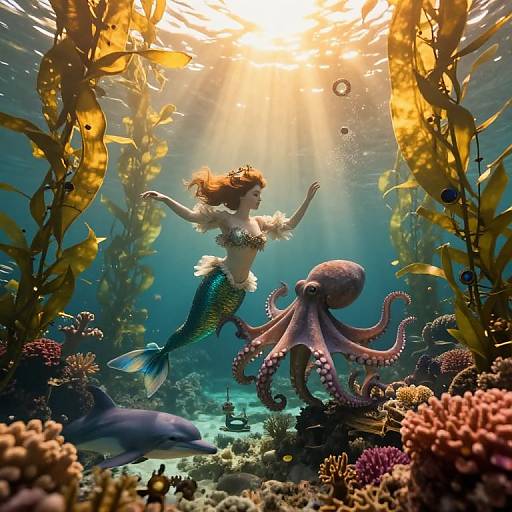 Digital illustration of a mermaid with orange hair and green tail, swimming beside a pink octopus, surrounded by underwater coral and light beams, with a