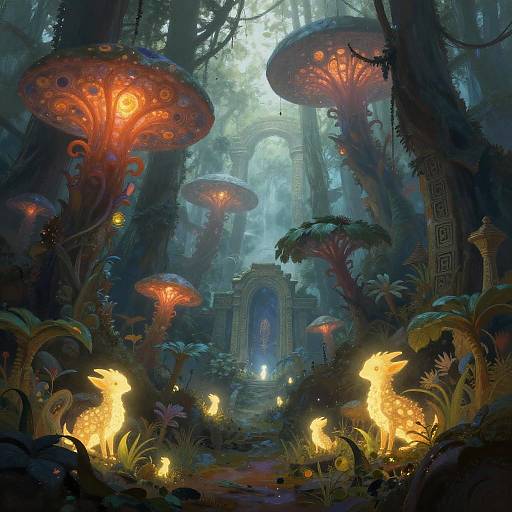Fantasy Forest with Bioluminescent Creatures
