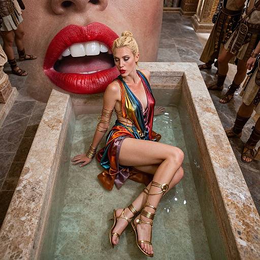 Photograph of a blonde woman with red lipstick, colorful dress, gold accessories, seated in a marble pool, with large red lips and teeth mural in