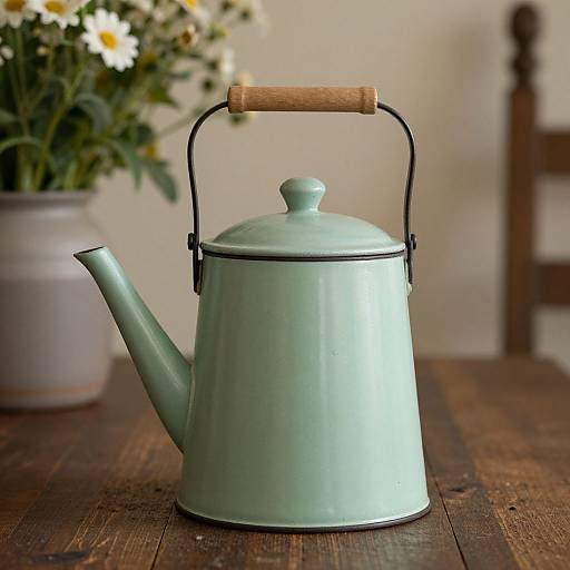 Photograph of a mint green, vintage metal teapot with a wooden handle and black latch, placed on a rustic wooden table, with a blurred bouquet