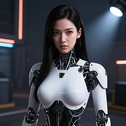 CGI image of an Asian woman with long black hair, red eyes, and a white and black robotic bodysuit, standing in a dimly