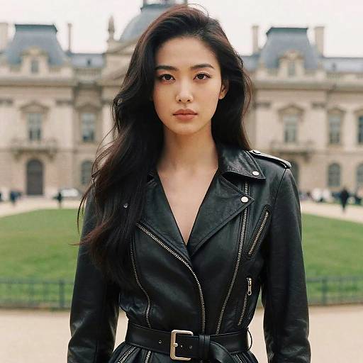 Confident Woman in Leather Jacket at Historic Site