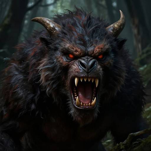 Digital artwork of a fierce, dark-furred minotaur with glowing red eyes, sharp teeth, and curved horns in a shadowy forest.