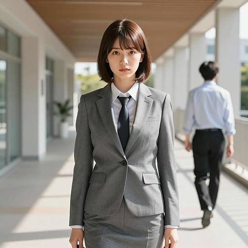 Japanese Woman in Grey Business Suit in Modern Hallway