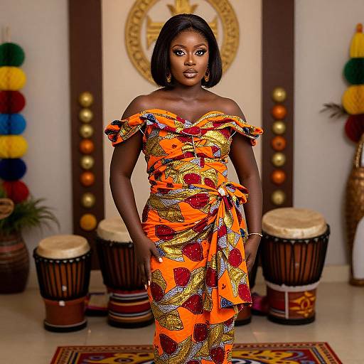Photograph of a dark-skinned African woman in an off-shoulder, vibrant orange and red patterned dress, standing in front of African drums