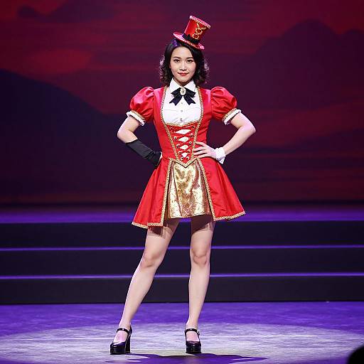 Asian woman in red and gold costume, black gloves, white trim, small hat, black shoes, standing confidently on stage. Photograph.