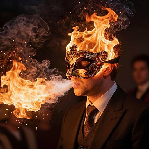 Man in Fiery Venetian Carnival Mask