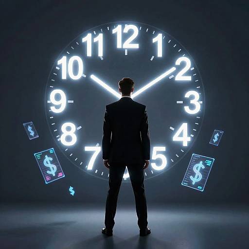 Photograph of a man in a black suit standing before a large, glowing, digital clock with white numbers, surrounded by floating money icons, in a