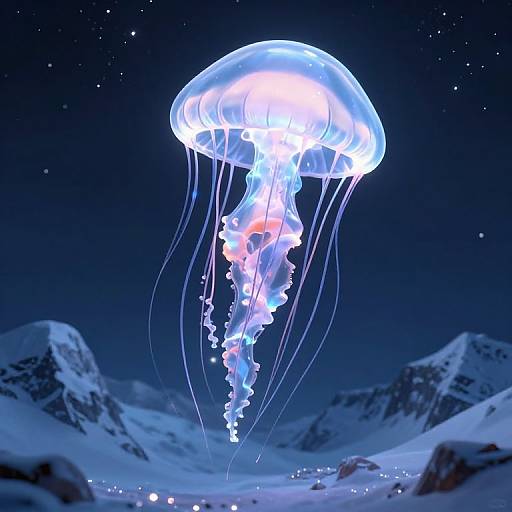 Surreal 3D Jellyfish Over Mountains