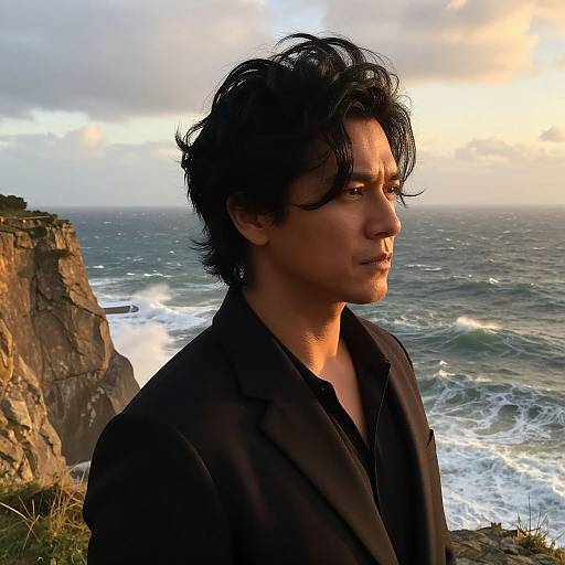 Photograph of a handsome man with dark, tousled hair, wearing a black shirt, standing by a rocky coastline at sunset. Ocean waves crash in