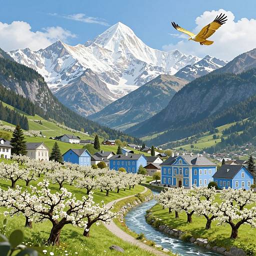 Photograph of a picturesque mountain village with blue houses, a flowing river, cherry blossoms, and a soaring eagle against a snowy peak backdrop under a