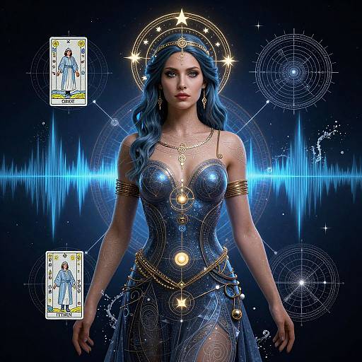 Digital art of a blue-haired woman in a shimmering, star-adorned blue dress, with tarot cards and celestial patterns behind her.