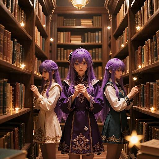 Digital artwork of three anime girls with long purple hair, wearing ornate medieval-style dresses, standing in a dimly lit, candle-lit library.