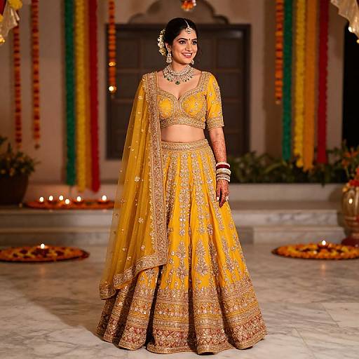 Photograph of a smiling Indian bride in a golden-yellow traditional lehenga set with intricate embroidery, standing in a brightly lit, decorated hall with candles and