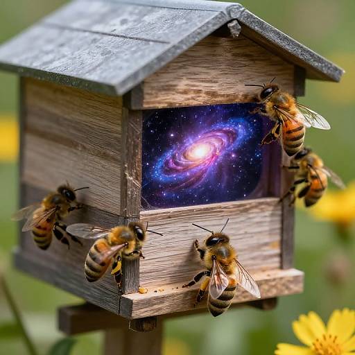 Photograph of a wooden birdhouse with a vibrant, purple and blue galaxy inside, surrounded by six busy bees with translucent wings. Yellow flowers in the