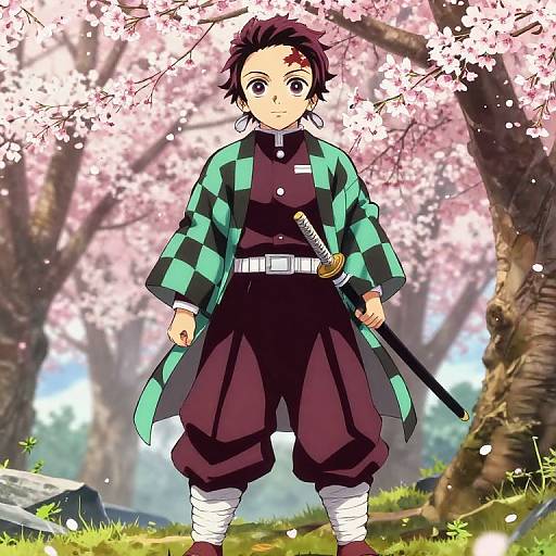 Anime-style drawing of a young male samurai with black hair, green-checkered coat, black hakama, and sheathed sword, standing under blo